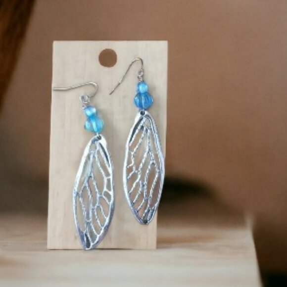 Silver Plated Turquoise & Blue Leaf Drop Bohemian Earrings  Hand Crafted - Picture 2 of 3